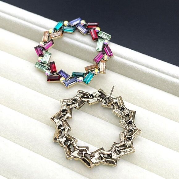 Yellow Gold with Multicolor and AB Crystal Round Wreath Post Back Earrings - Picture 7 of 10